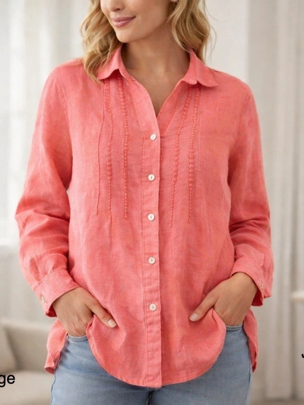 I Love Linen Pink linen long sleeve embroidered tunic blouse size large